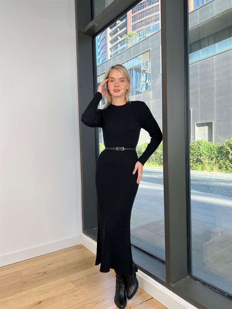 Bisiklet Yaka Keys Kadın Siyah Triko Triko Elbise 24k257