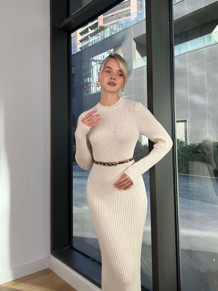 Bisiklet Yaka Keys Kadın Ekru Triko Triko Elbise 24k257