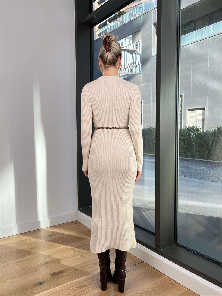 Bisiklet Yaka Keys Kadın Ekru Triko Triko Elbise 24k257