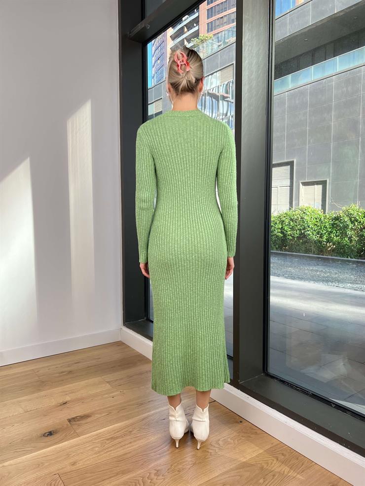 Bisiklet Yaka Keys Kadın Fıstık Yeşili Triko Triko Elbise 24k257