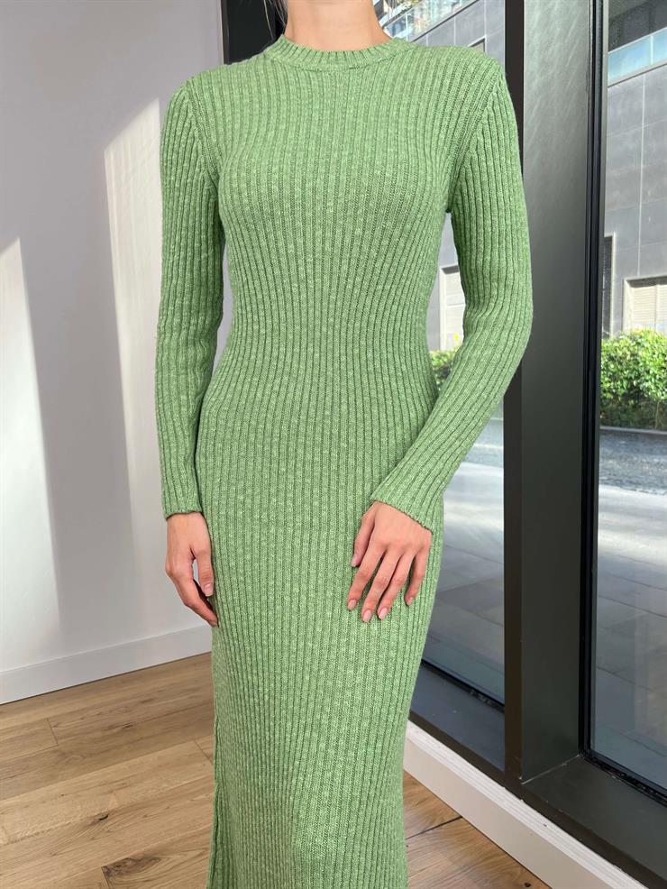 Bisiklet Yaka Keys Kadın Fıstık Yeşili Triko Triko Elbise 24k257