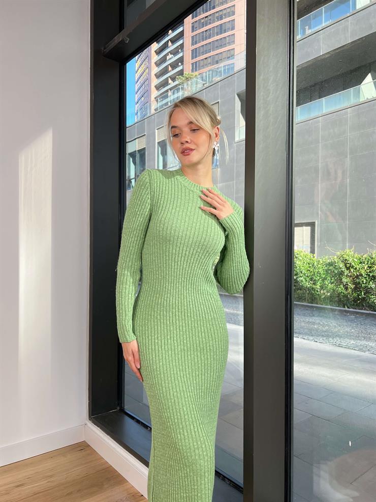 Bisiklet Yaka Keys Kadın Fıstık Yeşili Triko Triko Elbise 24k257