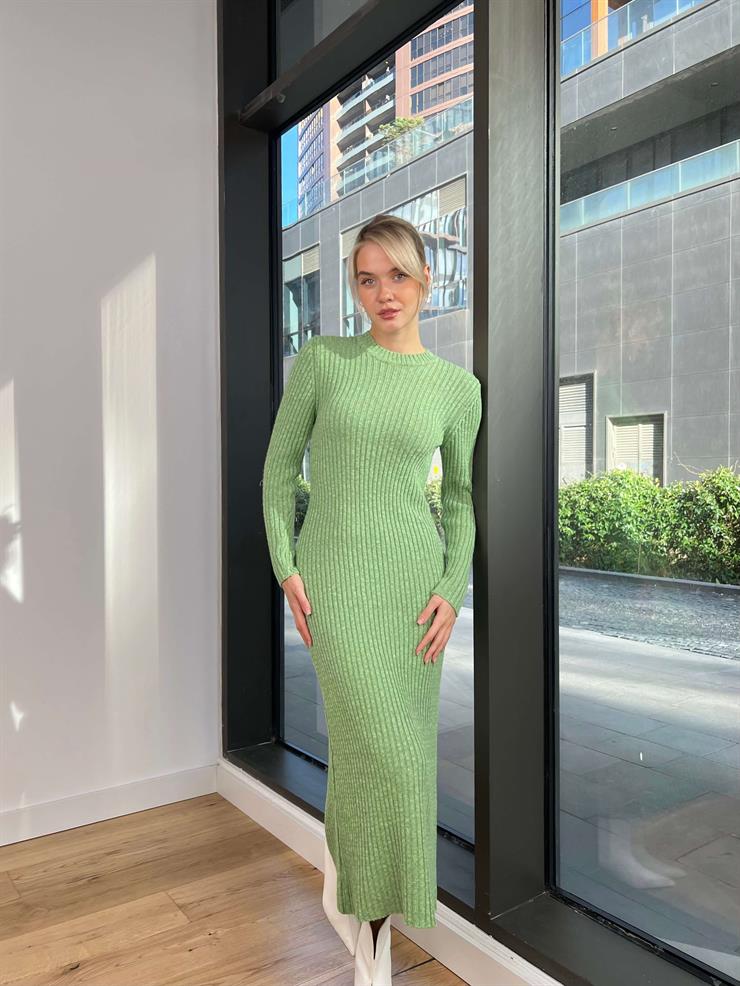 Bisiklet Yaka Keys Kadın Fıstık Yeşili Triko Triko Elbise 24k257