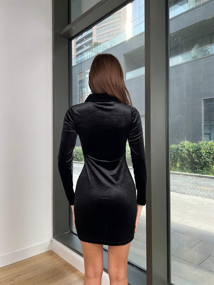 Gömlek Yaka Önü Düğme Kapamalı Kezia Kadın Siyah Kadife Mini Elbise 24k303