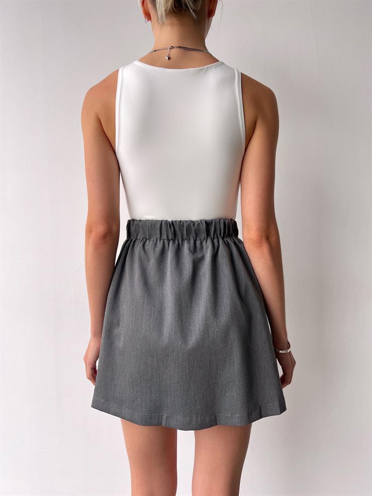 Önü Düğme Detalı Pileli Kiara Kadın Gri Pileli Mini Etek 23Y000386