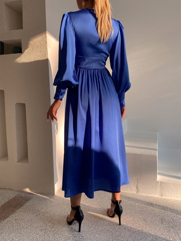 Kiloş Balon Kol Beli Düğmeli Viktoria Kadın Saks Uzun Elbise 22K000051