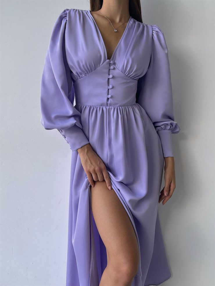 Kiloş Balon Kol Beli Düğmeli Viktoria Kadın Lila Uzun Elbise 22K000051