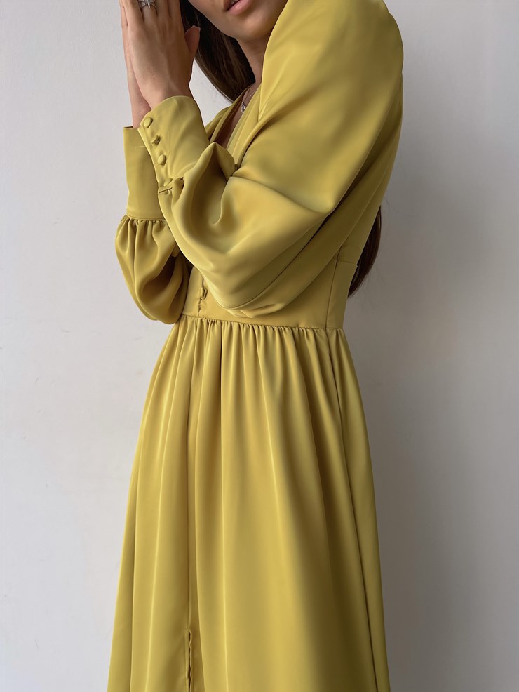 Kiloş Balon Kol Beli Düğmeli Viktoria Kadın Zeytin Yeşili Uzun Elbise 22K000051