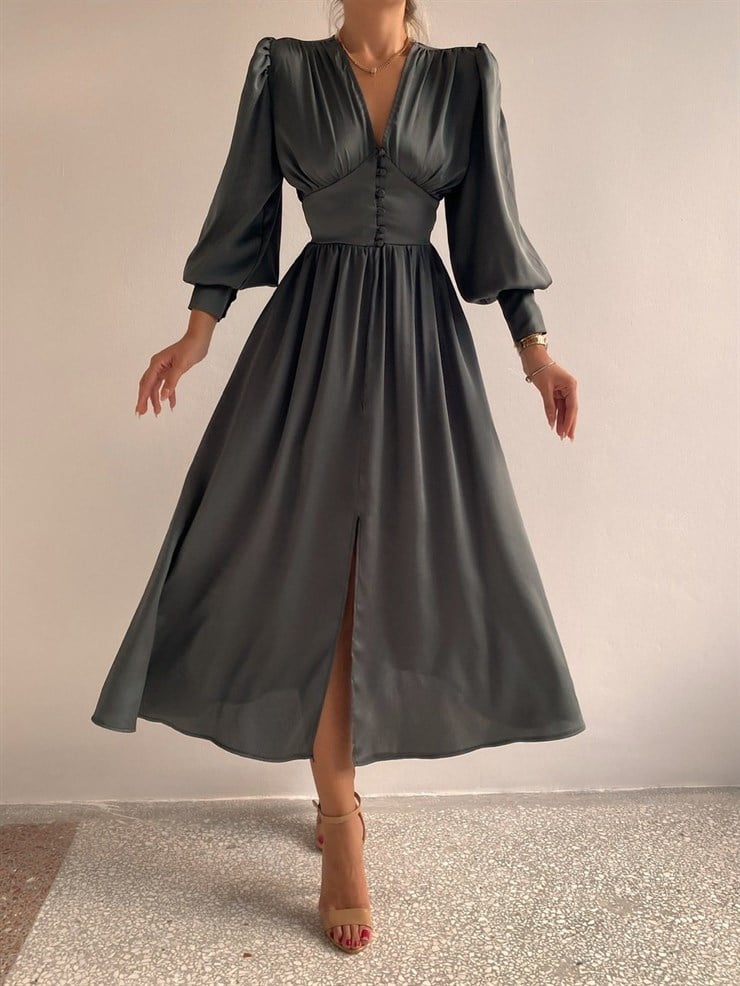 Kiloş Balon Kol Beli Düğmeli Viktoria Kadın Haki Uzun Elbise 22K000051