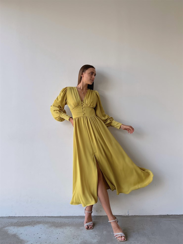 Kiloş Balon Kol Beli Düğmeli Viktoria Kadın Zeytin Yeşili Uzun Elbise 22K000051