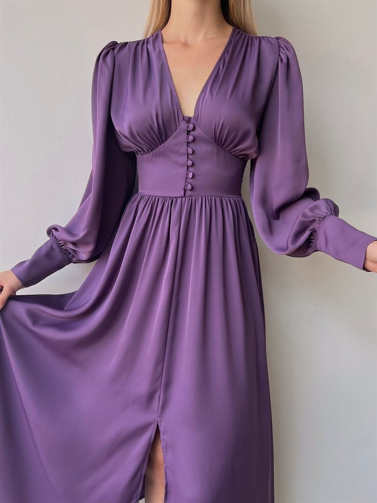 Kiloş Balon Kol Beli Düğmeli Viktoria Kadın Mor Uzun Elbise 22K000051