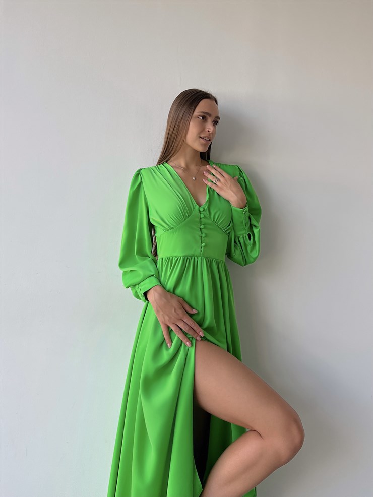 Kiloş Balon Kol Beli Düğmeli Viktoria Kadın Fıstık Yeşili Uzun Elbise 22K000051