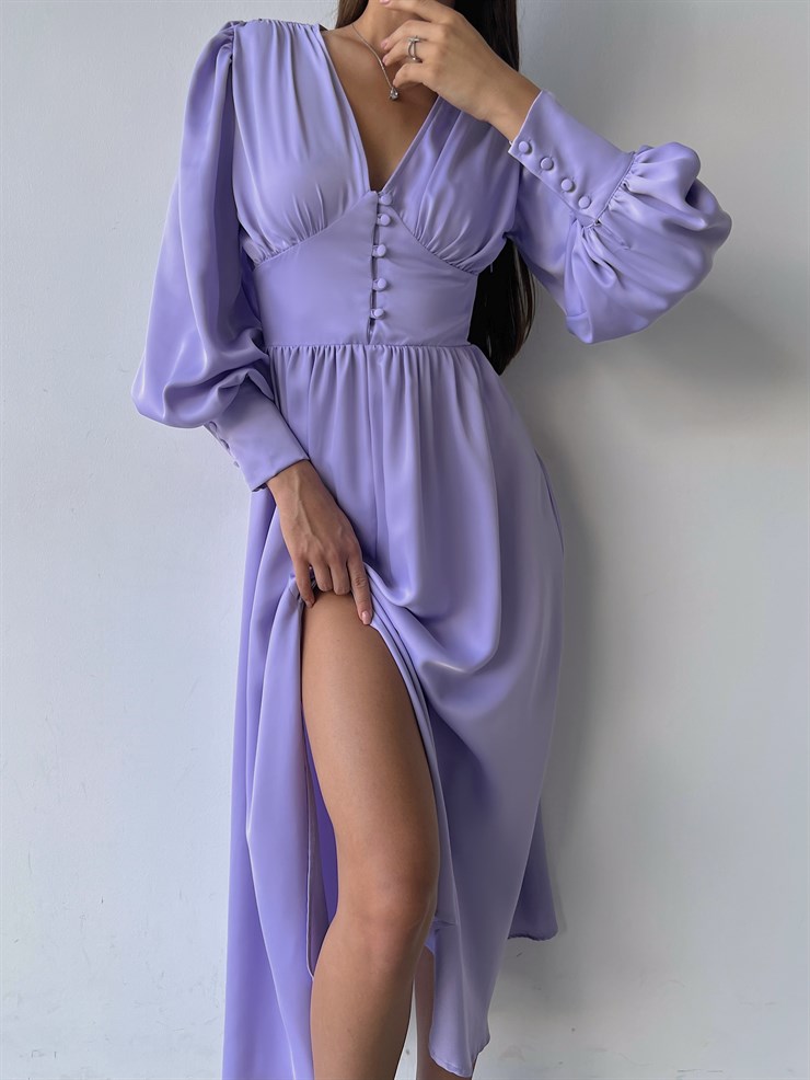 Kiloş Balon Kol Beli Düğmeli Viktoria Kadın Lila Uzun Elbise 22K000051