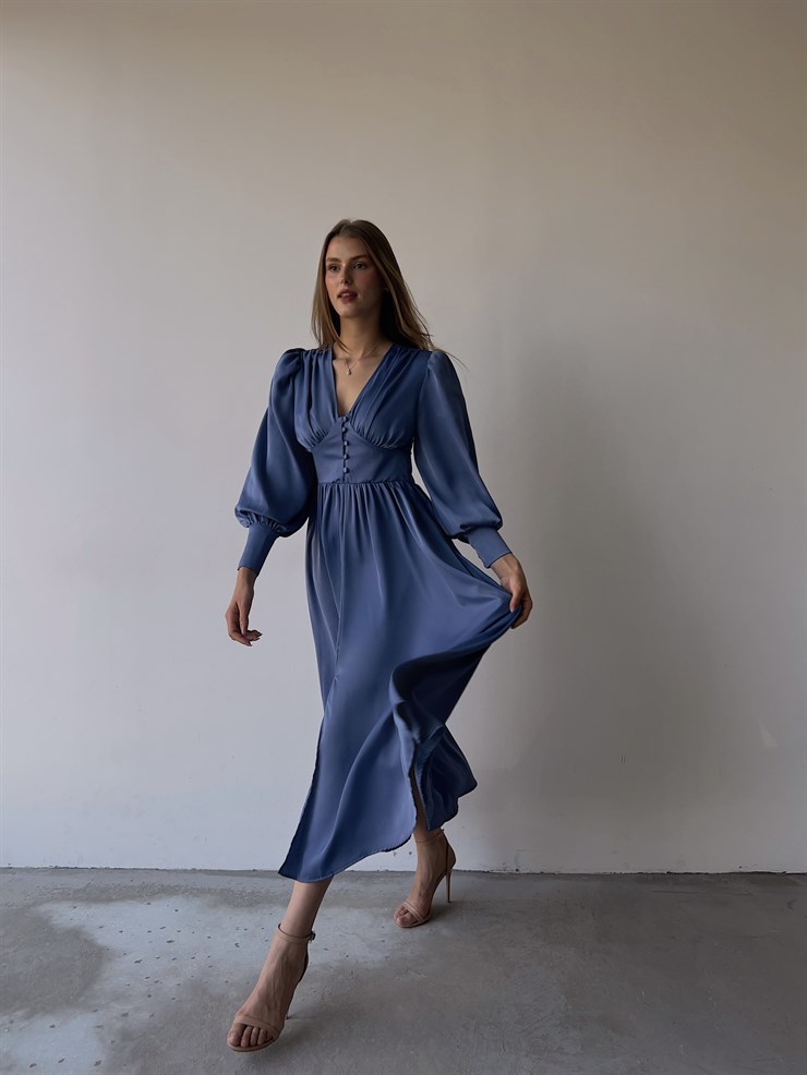 Kiloş Balon Kol Beli Düğmeli Viktoria Kadın İndigo Uzun Elbise 22K000051