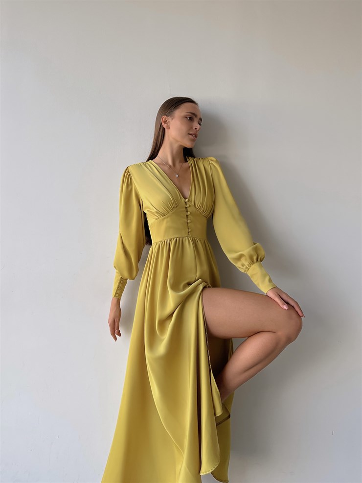 Kiloş Balon Kol Beli Düğmeli Viktoria Kadın Zeytin Yeşili Uzun Elbise 22K000051