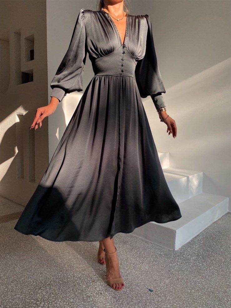 Kiloş Balon Kol Beli Düğmeli Viktoria Kadın Haki Uzun Elbise 22K000051