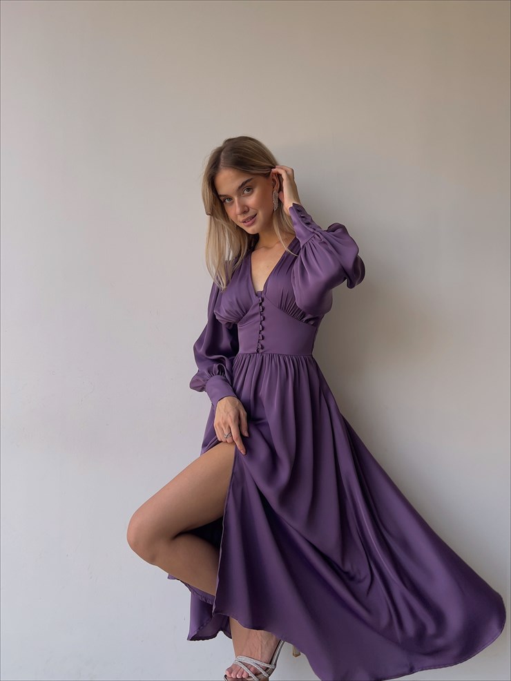 Kiloş Balon Kol Beli Düğmeli Viktoria Kadın Mor Uzun Elbise 22K000051