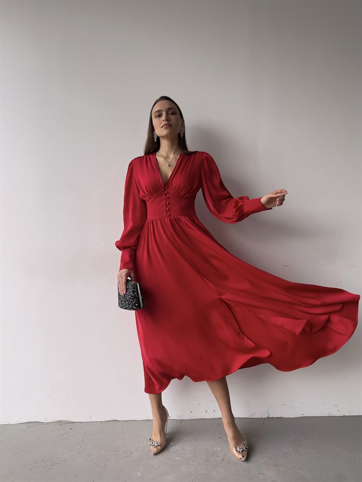 Kiloş Balon Kol Beli Düğmeli Viktoria Kadın Kırmızı Uzun Elbise 22K000051