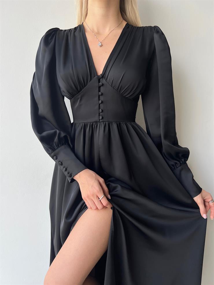 Kiloş Balon Kol Beli Düğmeli Viktoria Kadın Siyah Uzun Elbise 22K000051
