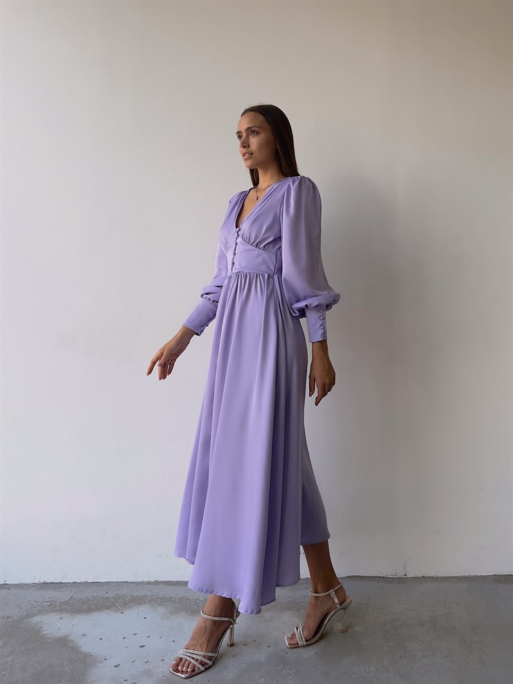 Kiloş Balon Kol Beli Düğmeli Viktoria Kadın Lila Uzun Elbise 22K000051