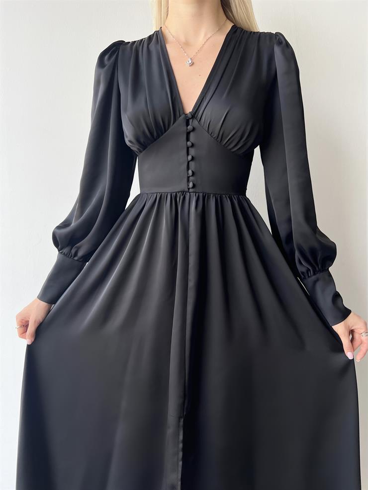 Kiloş Balon Kol Beli Düğmeli Viktoria Kadın Siyah Uzun Elbise 22K000051