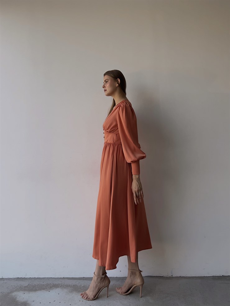 Kiloş Balon Kol Beli Düğmeli Viktoria Kadın Somon Uzun Elbise 22K000051