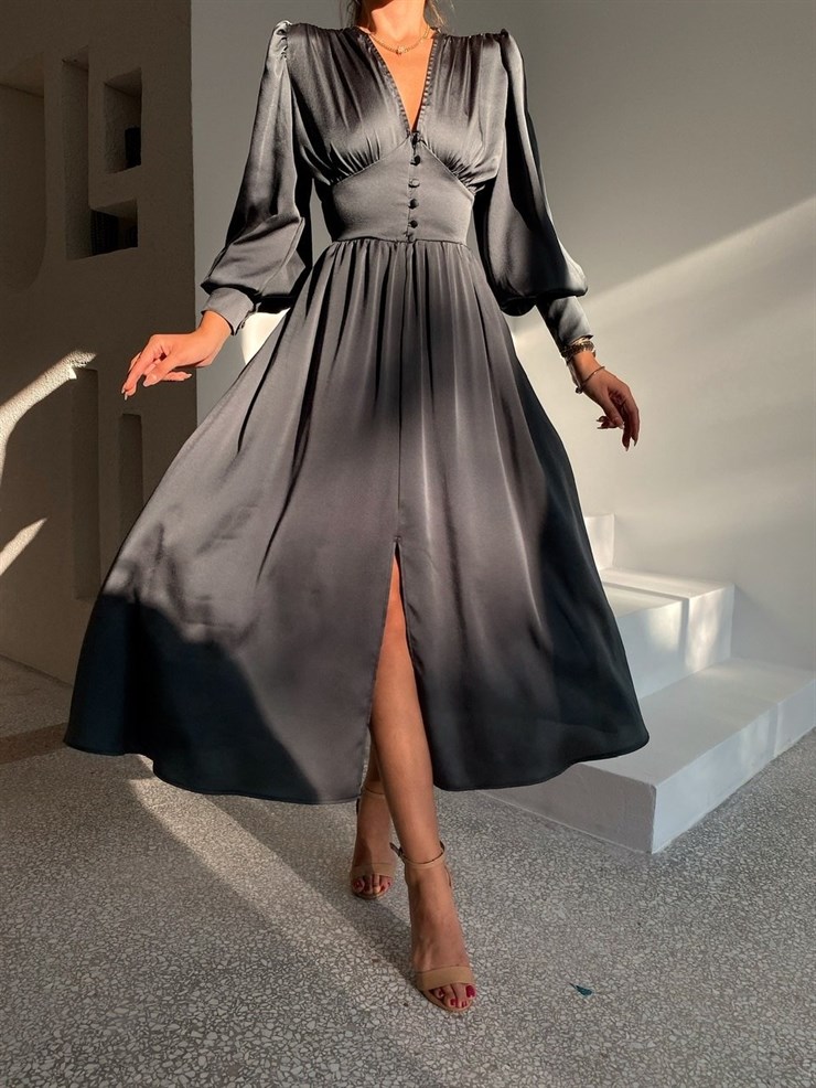 Kiloş Balon Kol Beli Düğmeli Viktoria Kadın Haki Uzun Elbise 22K000051