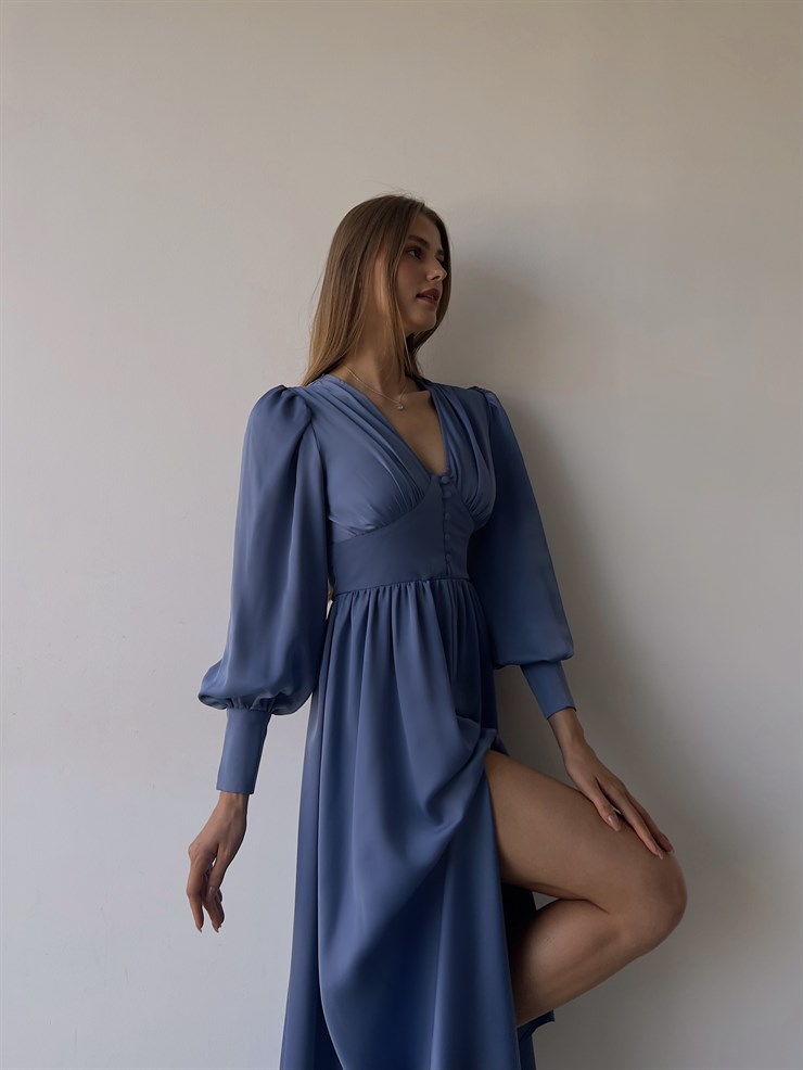 Kiloş Balon Kol Beli Düğmeli Viktoria Kadın İndigo Uzun Elbise 22K000051