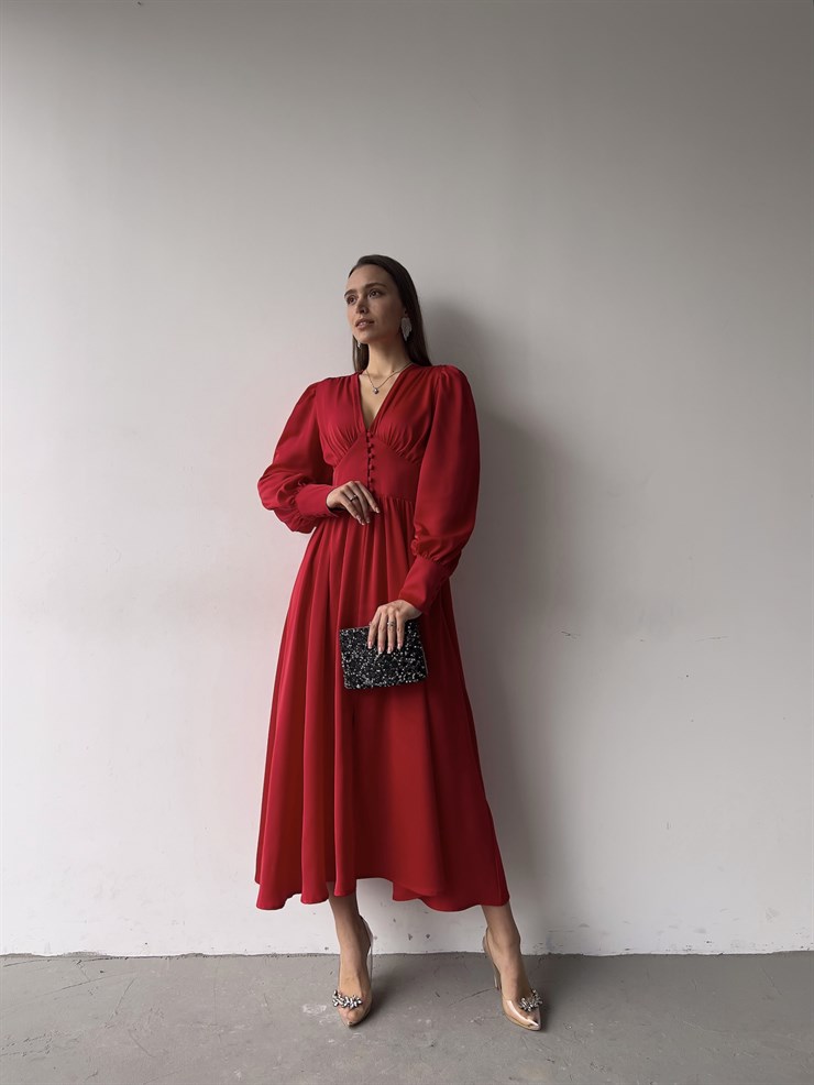 Kiloş Balon Kol Beli Düğmeli Viktoria Kadın Kırmızı Uzun Elbise 22K000051