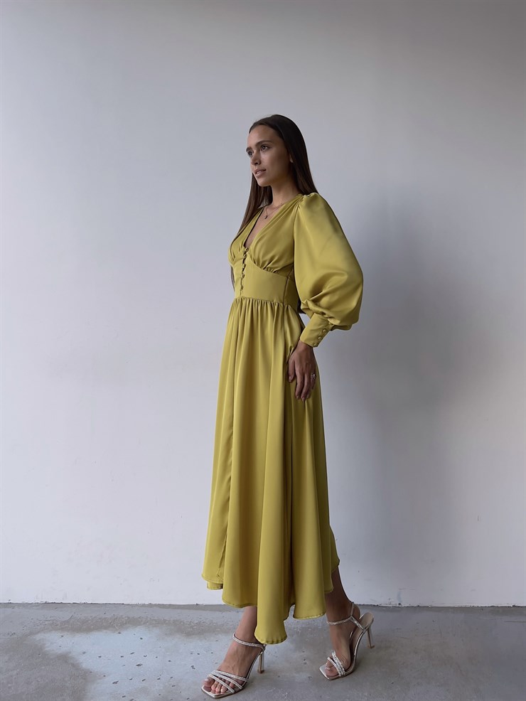 Kiloş Balon Kol Beli Düğmeli Viktoria Kadın Zeytin Yeşili Uzun Elbise 22K000051