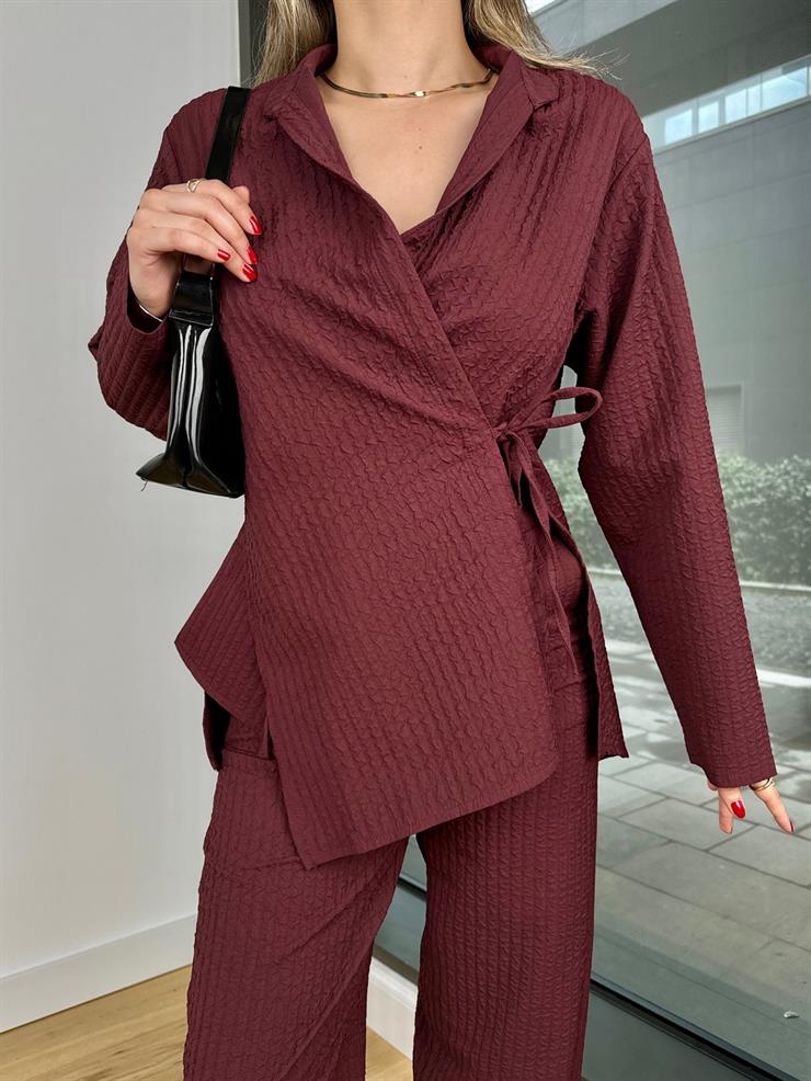 Kruvaze Yandan Bağlamalı Bluz Yüksek Bel Bol Paça Pantolon Kimlando Bordo Kadın Takım 25K465