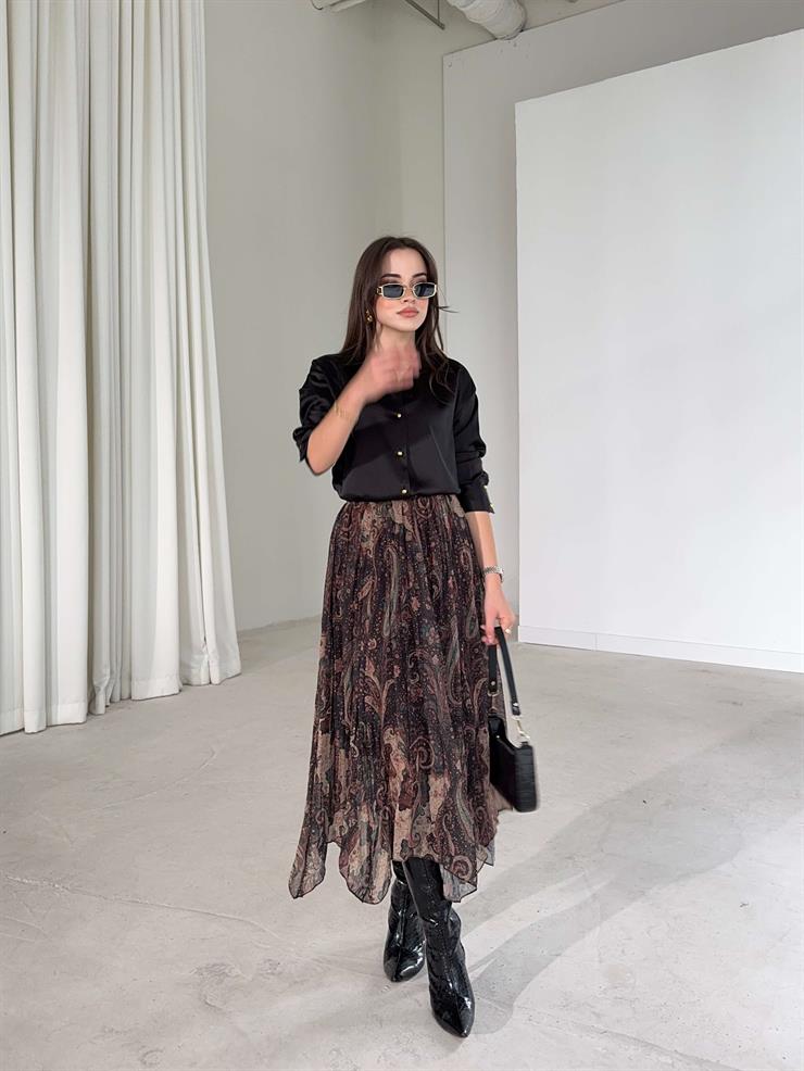 Desenli Asimetrik Kesim Beli Lastikli Kınerda Kahve Kadın Şifon Etek 26K385