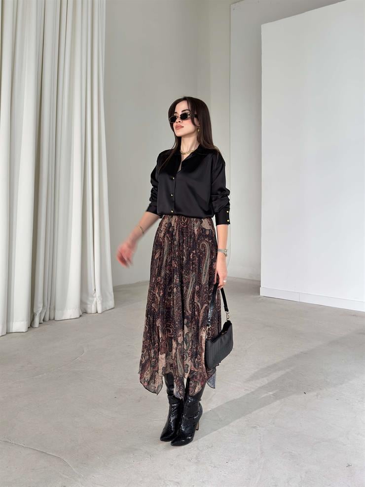 Desenli Asimetrik Kesim Beli Lastikli Kınerda Kahve Kadın Şifon Etek 26K385