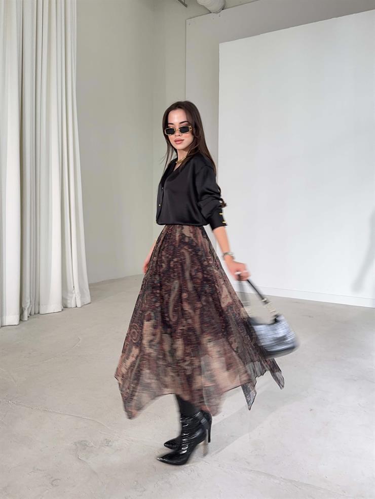 Desenli Asimetrik Kesim Beli Lastikli Kınerda Kahve Kadın Şifon Etek 26K385