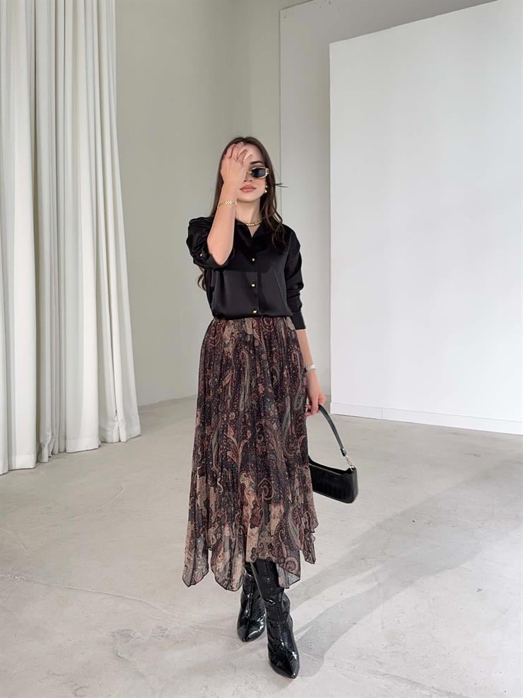 Desenli Asimetrik Kesim Beli Lastikli Kınerda Kahve Kadın Şifon Etek 26K385