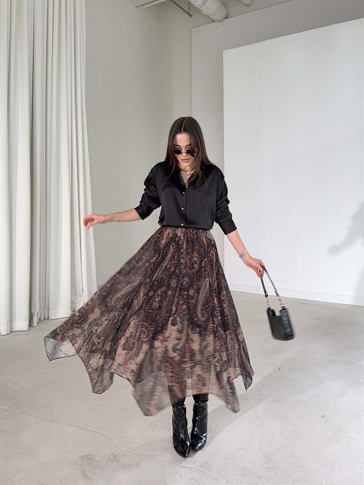 Desenli Asimetrik Kesim Beli Lastikli Kınerda Kahve Kadın Şifon Etek 26K385