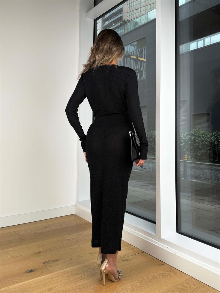 Yakası Ve Eteği Kruvaze Uzun Kol Kinton Siyah Simli Kadın Midi Elbise 25K409