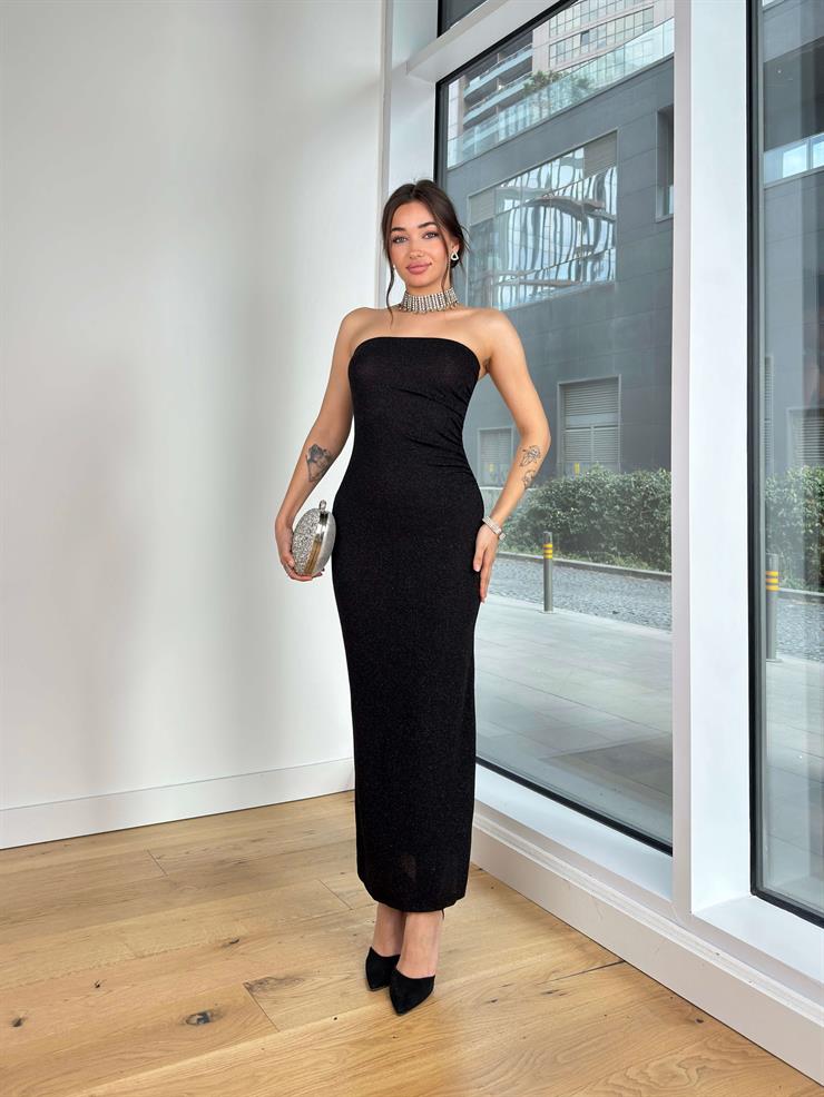 Straplez Yandan Drapeli Kinu Siyah Kadın Elbise 25K387