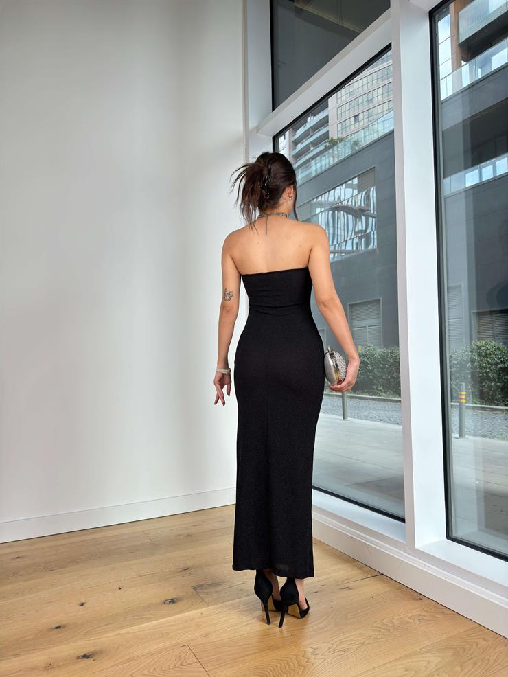 Straplez Yandan Drapeli Kinu Siyah Kadın Elbise 25K387