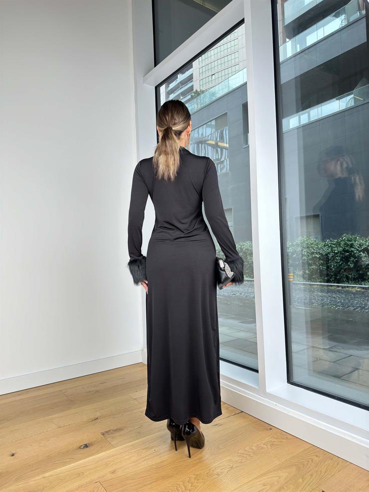 Balıkçı Yaka Kol Ucu Tüylü Kinza Siyah Kadın Elbise 25K410