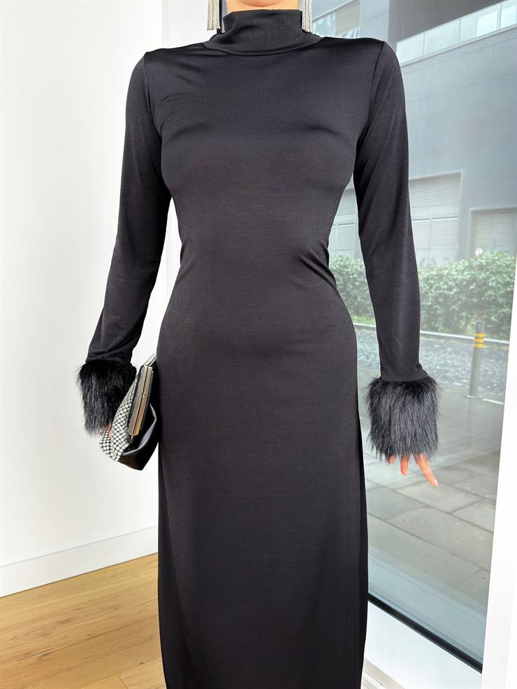 Balıkçı Yaka Kol Ucu Tüylü Kinza Siyah Kadın Elbise 25K410