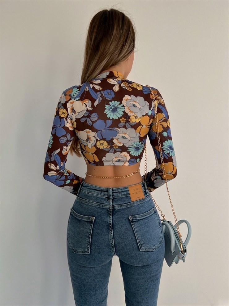 Kısa Çiçek Desen Yarım Balıkçı Rachel Kadın Renkli Bluz 22K000516