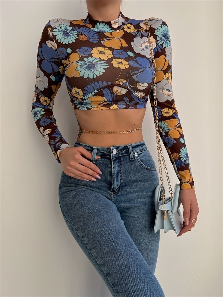 Kısa Çiçek Desen Yarım Balıkçı Rachel Kadın Renkli Bluz 22K000516