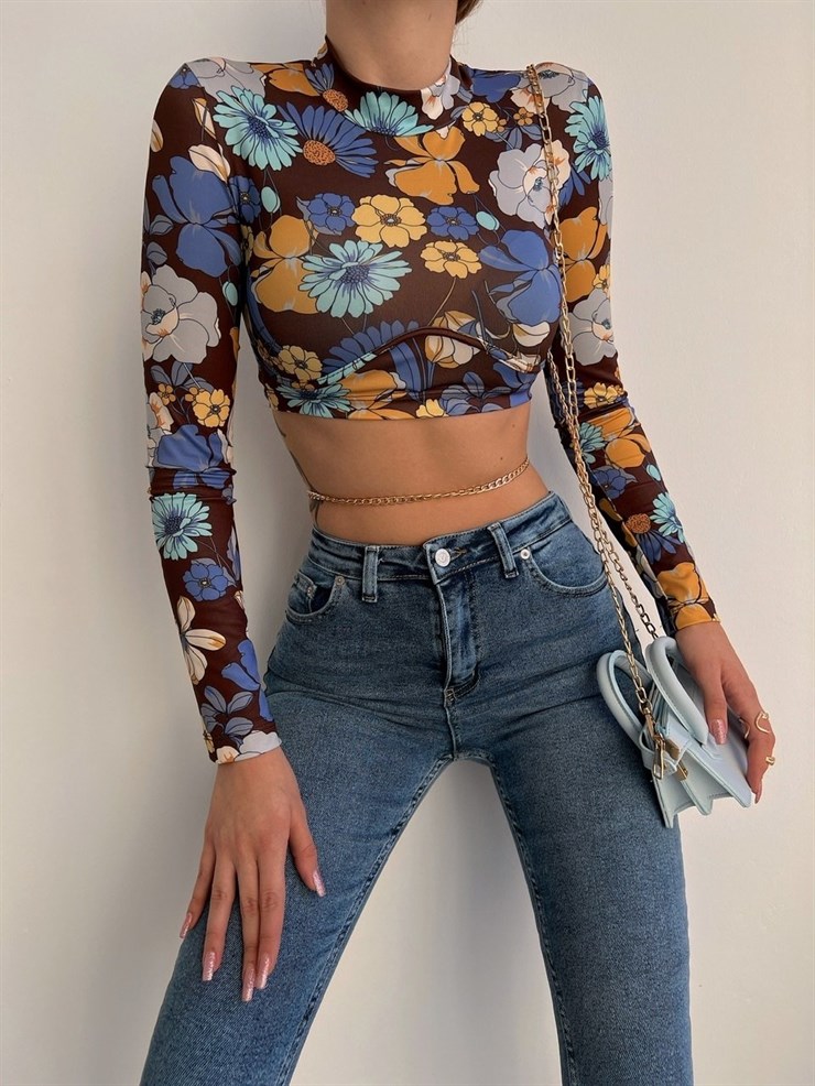 Kısa Çiçek Desen Yarım Balıkçı Rachel Kadın Renkli Bluz 22K000516