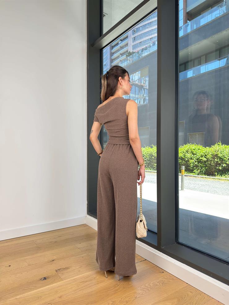 Kısa Kol Bluz Beli Lastikli Bol Paça Pantolon Eldar Kadın Vizon Fitilli Takım 24Y854