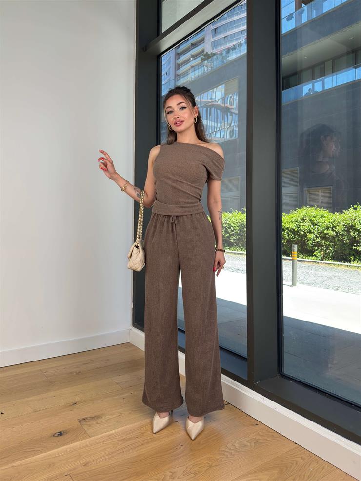 Kısa Kol Bluz Beli Lastikli Bol Paça Pantolon Eldar Kadın Vizon Fitilli Takım 24Y854