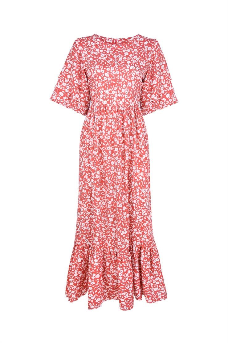 Kısa Kol Eteği Volanlı Çiçek Desenli Leyni Kiremit Kadın Elbise 25Y213