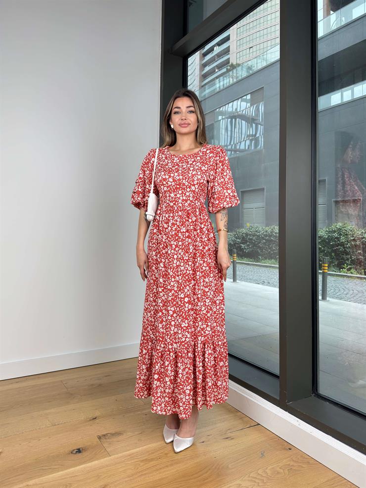 Kısa Kol Eteği Volanlı Çiçek Desenli Leyni Kiremit Kadın Elbise 25Y213