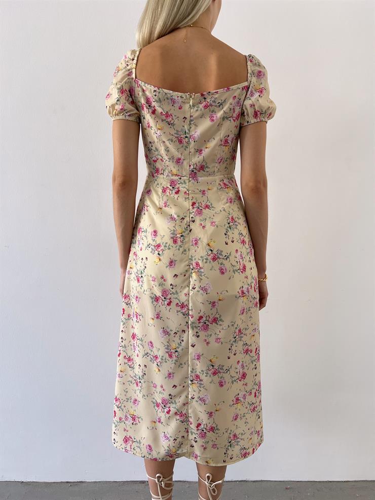 Kısa Kol Göğsü Büzgü Ve Bağcık Detaylı Raul Kadın Çiçekli Sarı Elbise 23Y000516