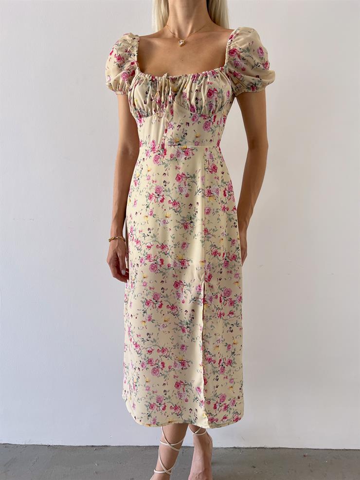 Kısa Kol Göğsü Büzgü Ve Bağcık Detaylı Raul Kadın Çiçekli Sarı Elbise 23Y000516